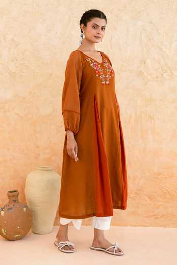 Myaara_Rust Cotton V-neck, Yes Embroidered Yoke Kurta And Pant Set _at_Aza_Fashions