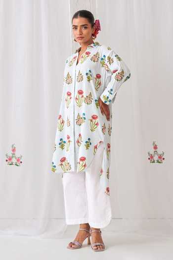 Myaara_Blue Cotton Collared Neck, Yes Floral Print Kurta And Pant Set _Online_at_Aza_Fashions