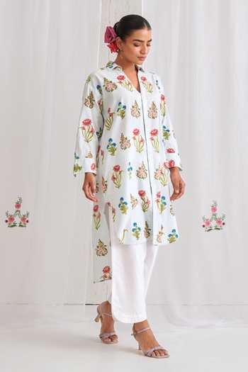Buy_Myaara_Blue Cotton Collared Neck, Yes Floral Print Kurta And Pant Set _Online_at_Aza_Fashions