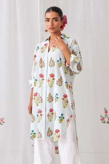 Shop_Myaara_Blue Cotton Collared Neck, Yes Floral Print Kurta And Pant Set _Online_at_Aza_Fashions