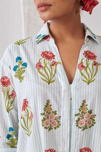 Myaara_Blue Cotton Collared Neck, Yes Floral Print Kurta And Pant Set _at_Aza_Fashions