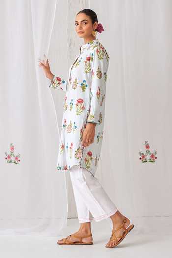 Myaara_Blue Cotton Mandarin Collar Floral Print Short Kurta And Pant Set _Online_at_Aza_Fashions