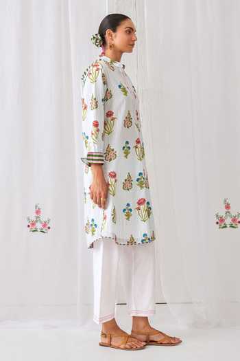 Buy_Myaara_Blue Cotton Mandarin Collar Floral Print Short Kurta And Pant Set _Online_at_Aza_Fashions