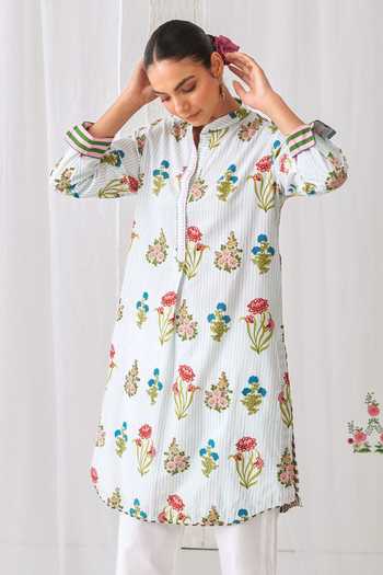 Shop_Myaara_Blue Cotton Mandarin Collar Floral Print Short Kurta And Pant Set _Online_at_Aza_Fashions