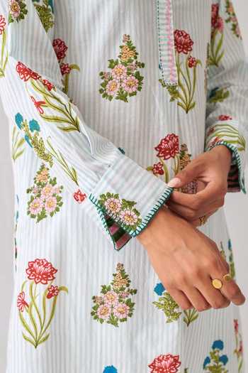 Myaara_Blue Cotton Mandarin Collar Floral Print Short Kurta And Pant Set _at_Aza_Fashions