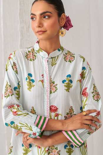 Buy_Myaara_Blue Cotton Mandarin Collar Floral Print Short Kurta And Pant Set 