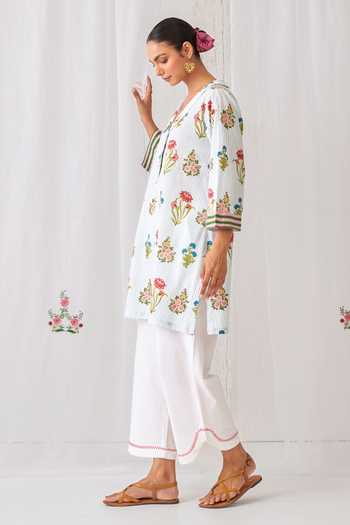 Buy_Myaara_Blue Cotton V-neck, Collared Neck, Yes Butti Print Kurta And Pant Set _Online_at_Aza_Fashions