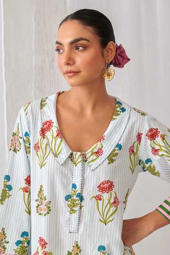 Shop_Myaara_Blue Cotton V-neck, Collared Neck, Yes Butti Print Kurta And Pant Set _Online_at_Aza_Fashions