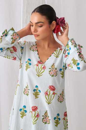 Shop_Myaara_Blue Cotton V-neck, Yes Butti Printed Kurta And Pant Set _Online_at_Aza_Fashions