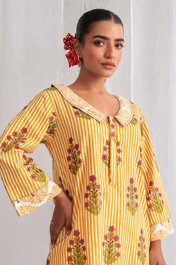 Buy_Myaara_Yellow Cotton V-neck, Yes Stripe Print Kurta And Pant Set _Online_at_Aza_Fashions