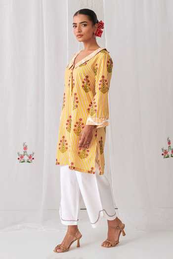 Shop_Myaara_Yellow Cotton V-neck, Yes Stripe Print Kurta And Pant Set _Online_at_Aza_Fashions