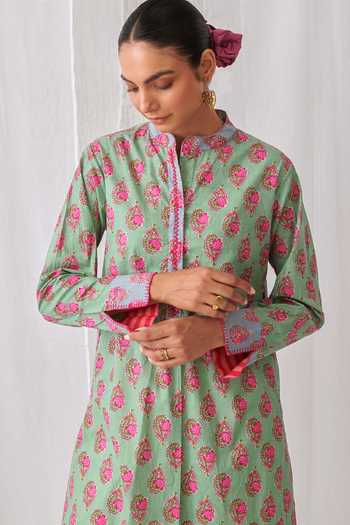 Myaara_Mint Cotton Mandarin Collar, Yes Paisley Print Kurta And Pant Set _Online_at_Aza_Fashions