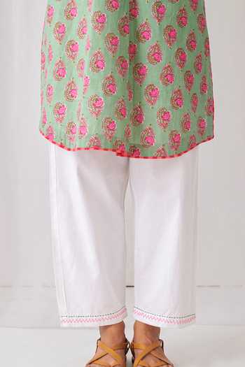 Buy_Myaara_Mint Cotton Mandarin Collar, Yes Paisley Print Kurta And Pant Set _Online_at_Aza_Fashions