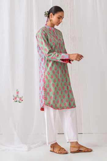 Shop_Myaara_Mint Cotton Mandarin Collar, Yes Paisley Print Kurta And Pant Set _Online_at_Aza_Fashions