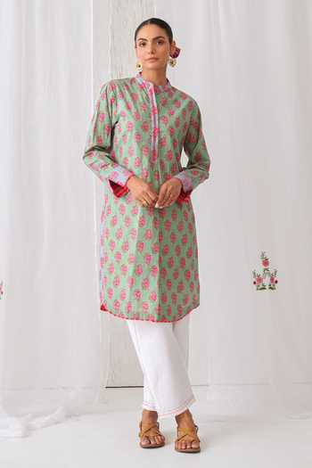 Myaara_Mint Cotton Mandarin Collar, Yes Paisley Print Kurta And Pant Set _at_Aza_Fashions