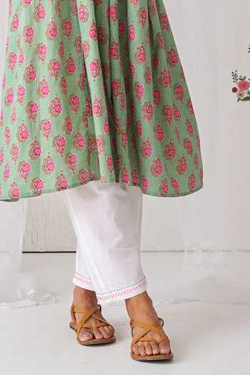 Shop_Myaara_Mint Cotton V-neck, Yes Printed Gathered Kurta And Pant Set _Online_at_Aza_Fashions
