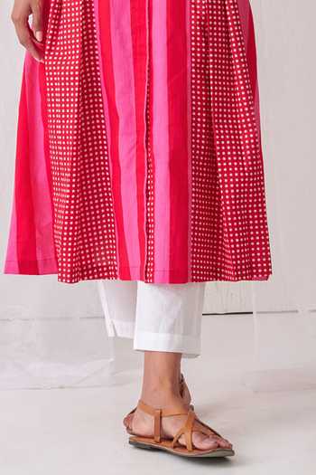 Myaara_Pink Cotton Keyhole Neck Stripe Pattern Kurta And Pant Set _Online_at_Aza_Fashions