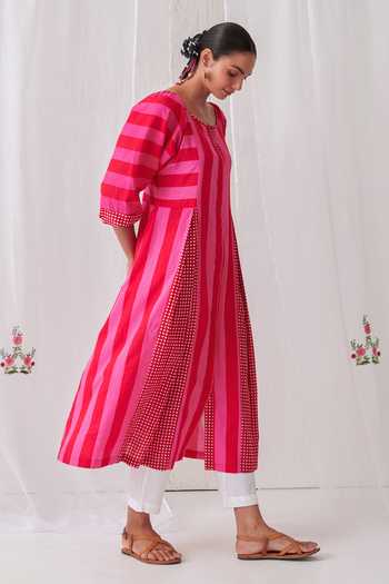 Buy_Myaara_Pink Cotton Keyhole Neck Stripe Pattern Kurta And Pant Set _Online_at_Aza_Fashions