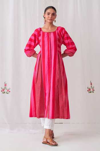 Shop_Myaara_Pink Cotton Keyhole Neck Stripe Pattern Kurta And Pant Set _Online_at_Aza_Fashions
