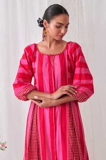 Buy_Myaara_Pink Cotton Keyhole Neck Stripe Pattern Kurta And Pant Set 