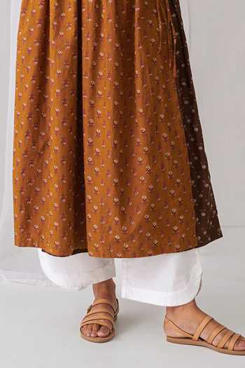 Myaara_Brown Cotton V-neck Printed Angarkha With Pant _Online_at_Aza_Fashions