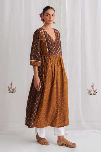 Shop_Myaara_Brown Cotton V-neck Printed Angarkha With Pant _Online_at_Aza_Fashions
