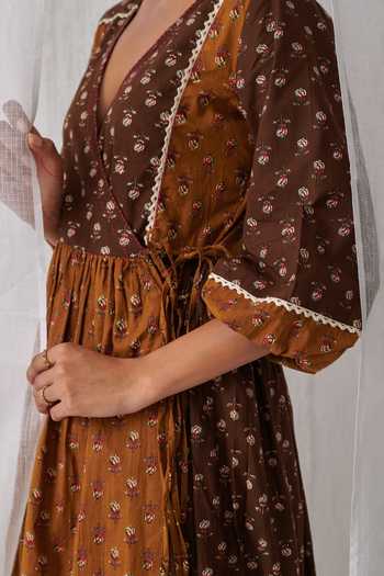 Myaara_Brown Cotton V-neck Printed Angarkha With Pant _at_Aza_Fashions