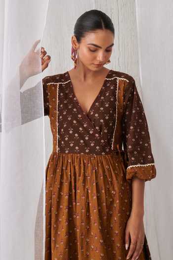 Buy_Myaara_Brown Cotton V-neck Printed Angarkha With Pant 