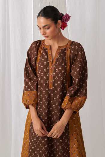 Myaara_Brown Cotton Keyhole Neck Butti Print Kurta Set _at_Aza_Fashions