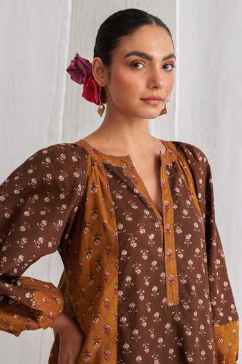 Buy_Myaara_Brown Cotton Keyhole Neck Butti Print Kurta Set 