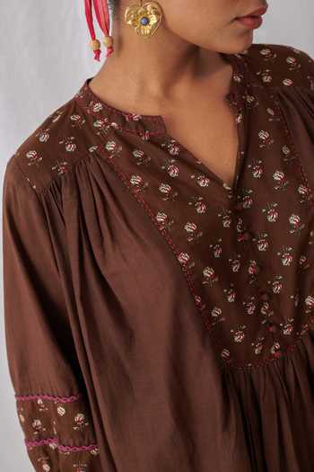 Shop_Myaara_Brown Cotton Split V-neck, Yes Gathered Printed Kurta With Pant _Online_at_Aza_Fashions