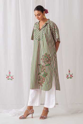 Buy_Myaara_Pink Cotton Split V-neck Printed Kaftan And Pant Set 