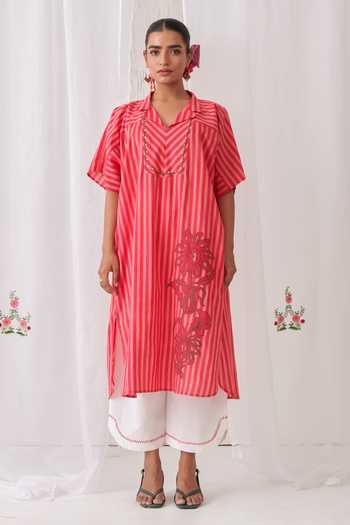 Shop_Myaara_Peach Cotton V-neck Printed Kaftan With Pant _Online_at_Aza_Fashions
