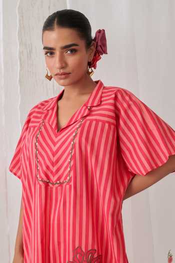 Myaara_Peach Cotton V-neck Printed Kaftan With Pant _at_Aza_Fashions