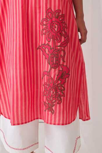 Buy_Myaara_Peach Cotton V-neck Printed Kaftan With Pant 