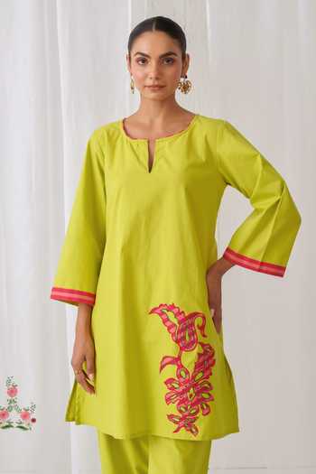 Shop_Myaara_Green Cotton Keyhole Neck Embroidered Short Kurta And Pant Set _Online_at_Aza_Fashions