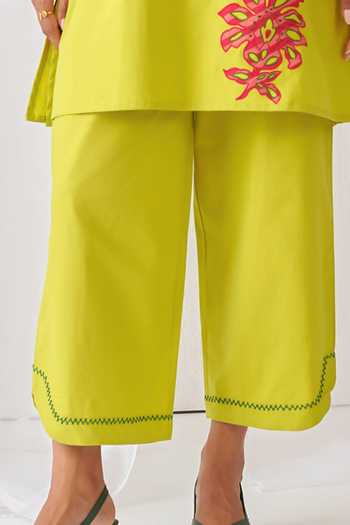 Myaara_Green Cotton Keyhole Neck Embroidered Short Kurta And Pant Set _at_Aza_Fashions