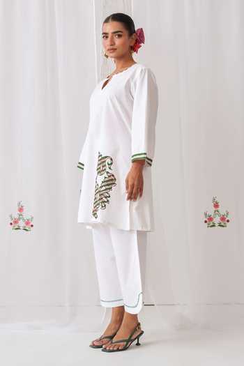 Myaara_White Cotton Keyhole Neck, Yes Embroidered Short Kurta And Pant Set _Online_at_Aza_Fashions