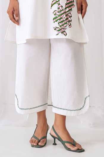 Shop_Myaara_White Cotton Keyhole Neck, Yes Embroidered Short Kurta And Pant Set _Online_at_Aza_Fashions