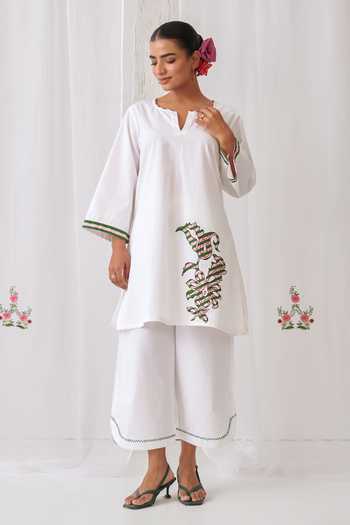 Myaara_White Cotton Keyhole Neck, Yes Embroidered Short Kurta And Pant Set _at_Aza_Fashions