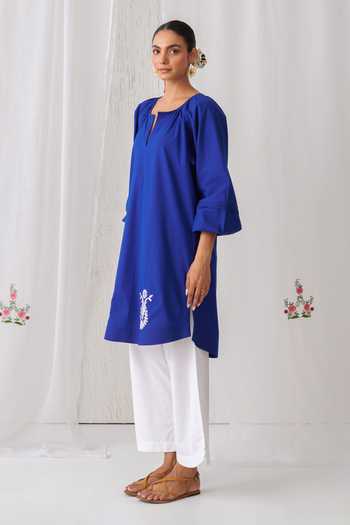 Myaara_Blue Cotton Keyhole Neck, Yes Embroidered Gathered Kurta And Pant Set _Online_at_Aza_Fashions