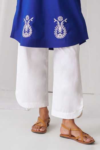 Buy_Myaara_Blue Cotton Keyhole Neck, Yes Embroidered Gathered Kurta And Pant Set _Online_at_Aza_Fashions