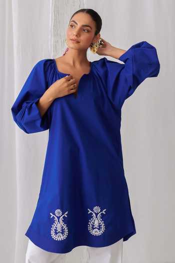 Shop_Myaara_Blue Cotton Keyhole Neck, Yes Embroidered Gathered Kurta And Pant Set _Online_at_Aza_Fashions