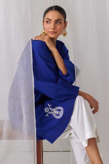 Myaara_Blue Cotton Keyhole Neck, Yes Embroidered Gathered Kurta And Pant Set _at_Aza_Fashions