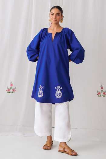 Buy_Myaara_Blue Cotton Keyhole Neck, Yes Embroidered Gathered Kurta And Pant Set 