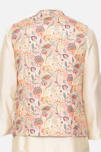 Mayank Modi - Men Peach Jacobean Print Bundi For Kids
