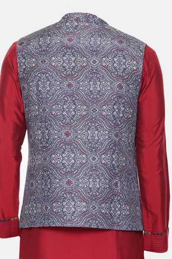 Mayank Modi - Men Vintage Print Blue Bundi For Kids