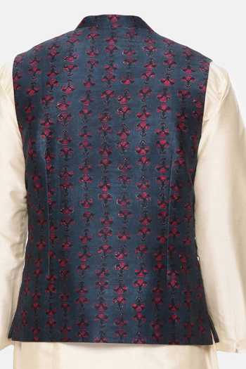 Mayank Modi - Men Floral Print Blue Bundi For Kids