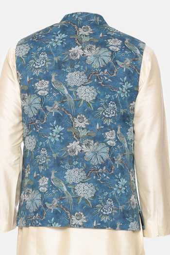 Mayank Modi - Men Blue Botanical Print Bundi For Kids
