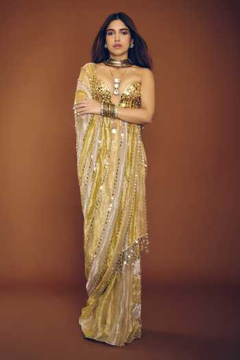 Itrh_Green Crepe, Net, Tissue Mirrors Kanakjyoti Pre-draped Saree With Corset _Online_at_Aza_Fashions